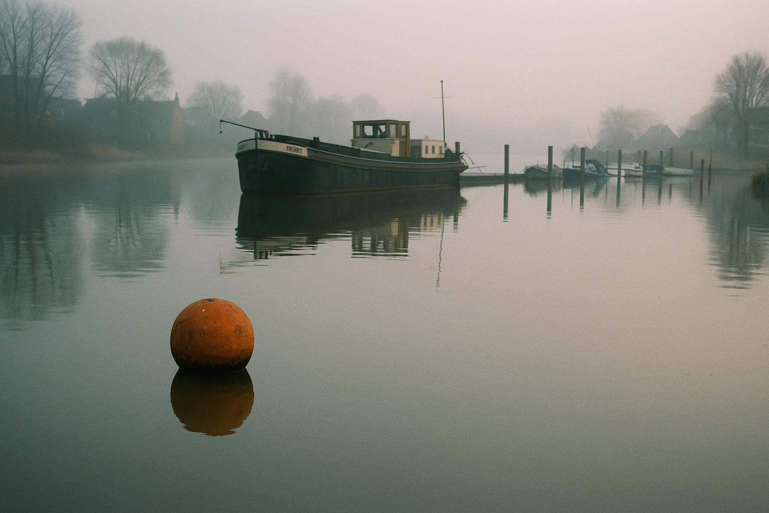 Nederlandse binnenhaven in de vroege ochtend met een oranje boei